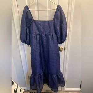 By Anthropologie Textured Puff-Sleeve Dress Navy L